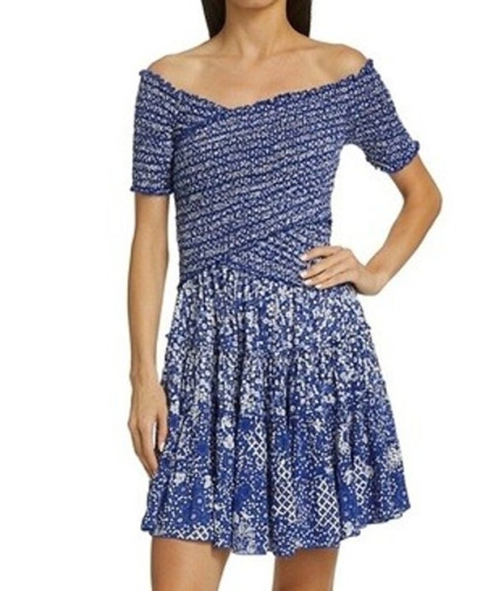 Poupette St Barth Womens Smocked Floral Mini Dress XS Blue Resort Cottage Greece
